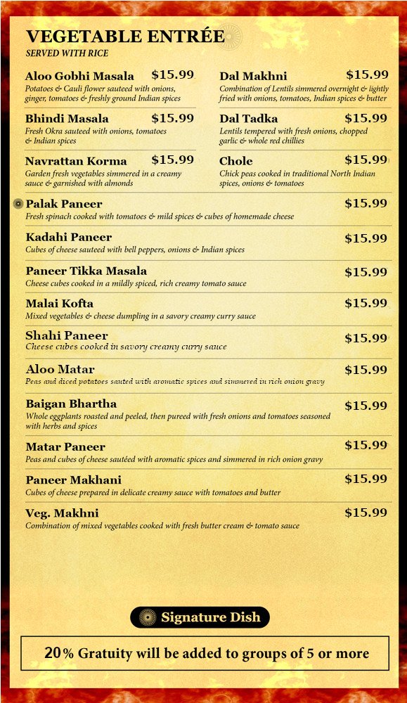 Bombay Flame Menu